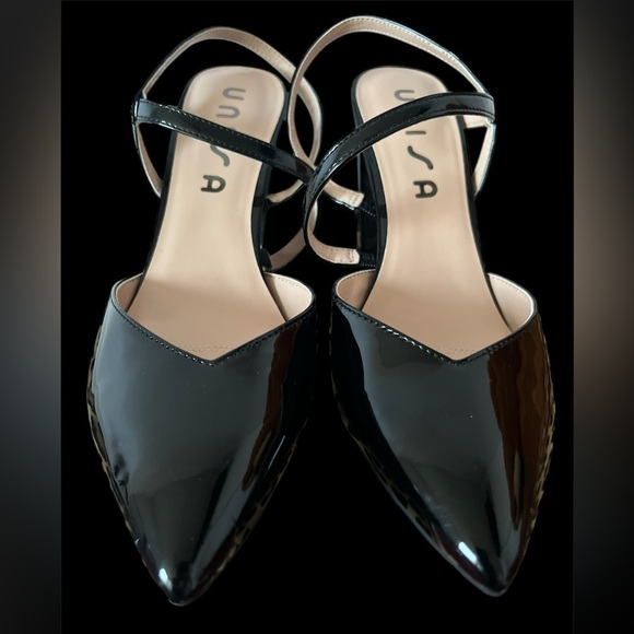 Block Heel Black Patent Leather Shoes with Elastic Strap Pointy Toe Size 9.5 - Picture 4 of 6